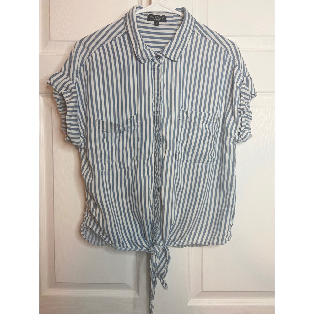 Velvet Heart Blue White Striped Tencel Tie Front Short Sleeve Shirt Medium